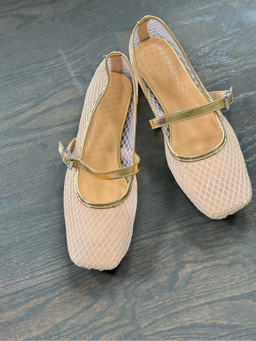 Mary Jane Mesh Ballet Flats in Blush with Gold Trim